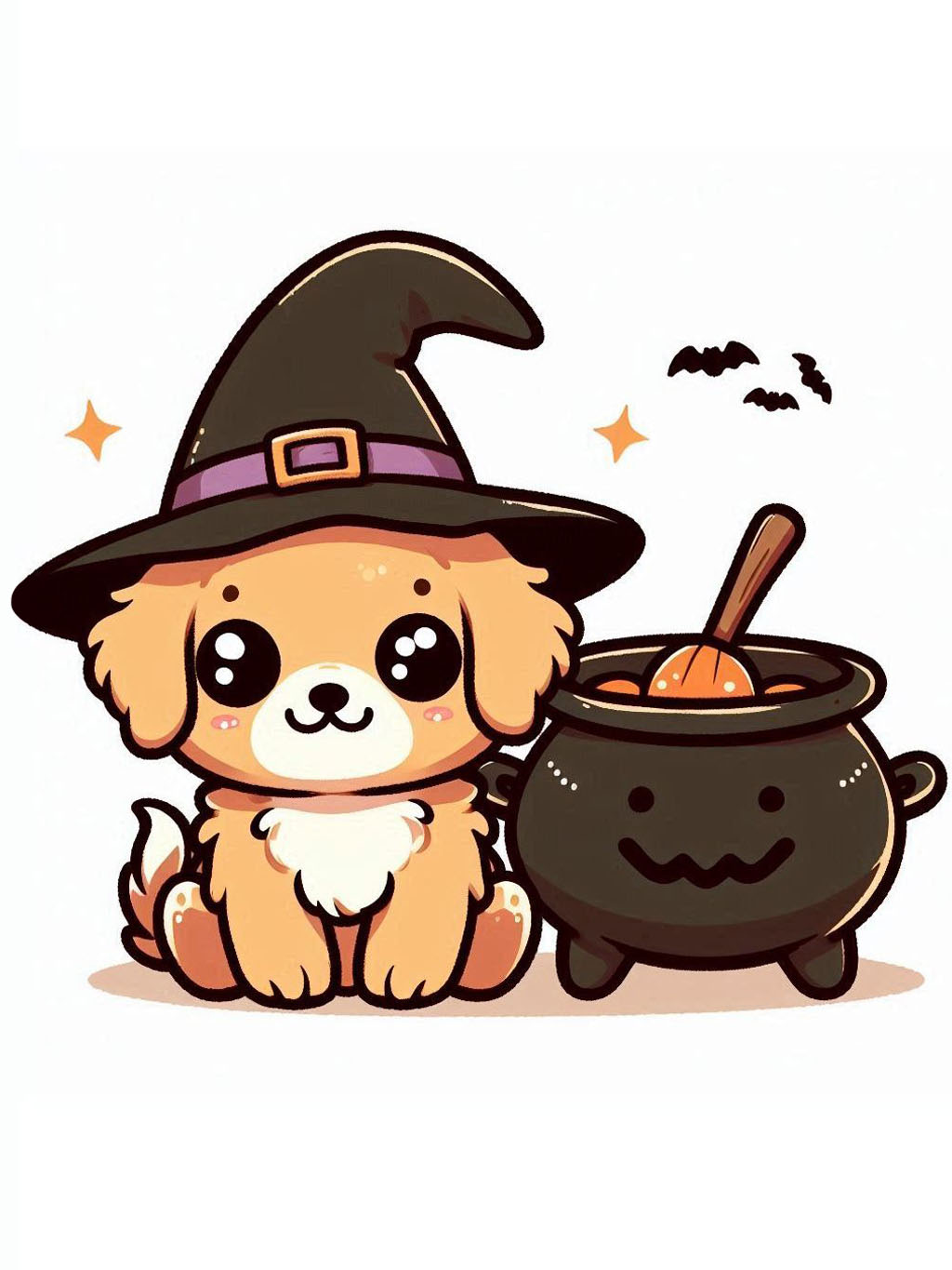 halloween cute animals drawings featuring a delightful witchy puppy, a brew cauldron, and flying bats in a charming Halloween setting.